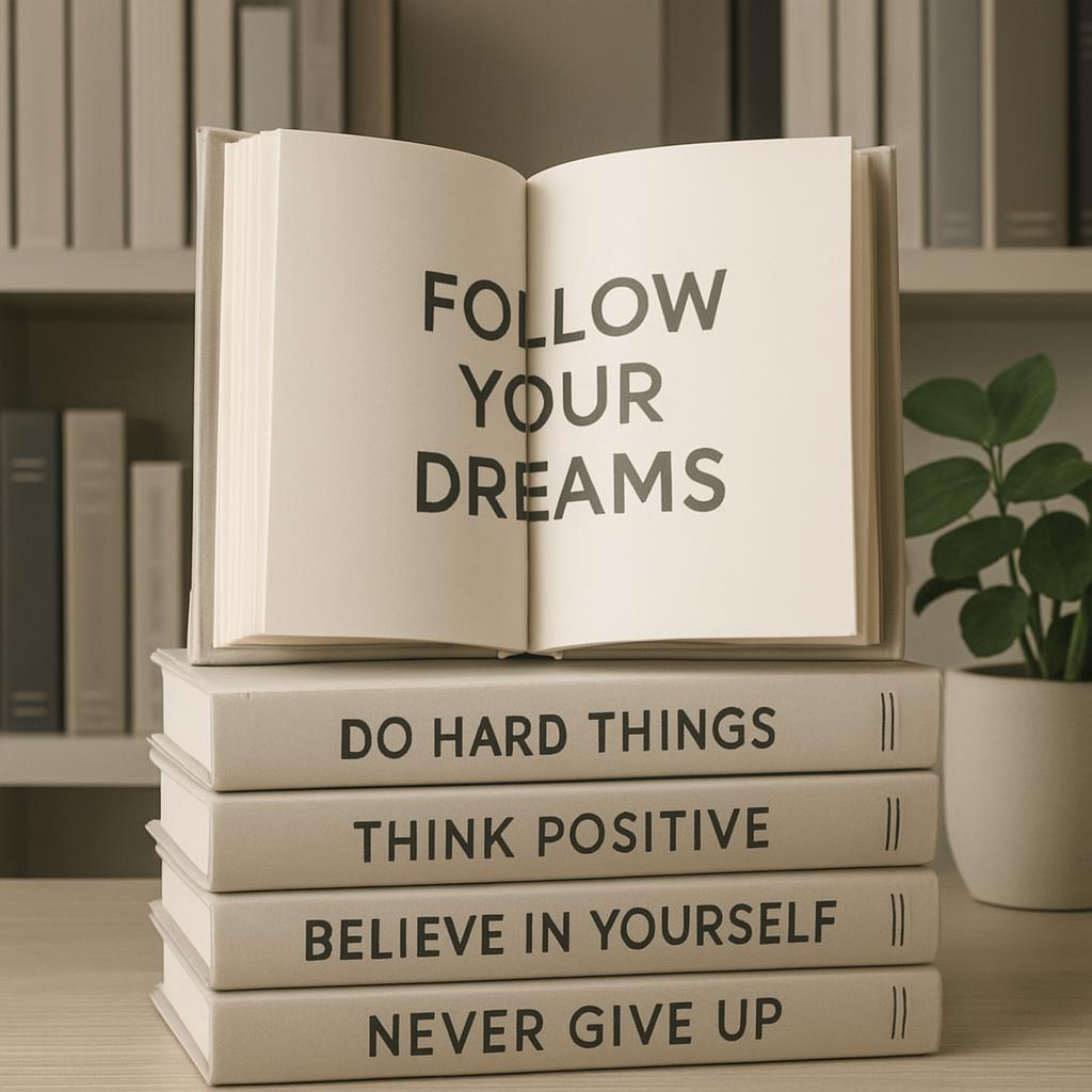 An open book above an stack of books with positive motivational quotes. The stack of four books reads: "DO HARD THINGS", "...