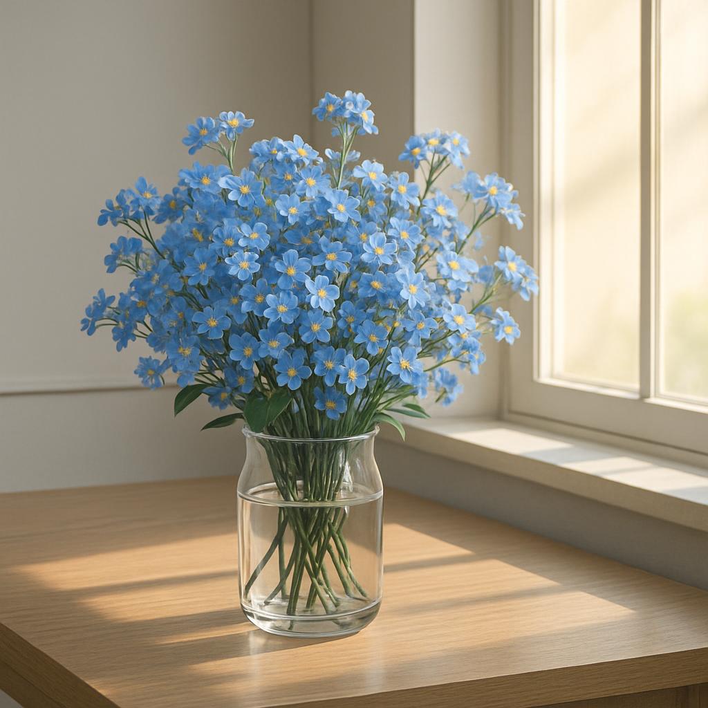 A bouquet of light blue flowers with yellow centers arranged in a clear glass vase filled with water, placed on a wooden t...
