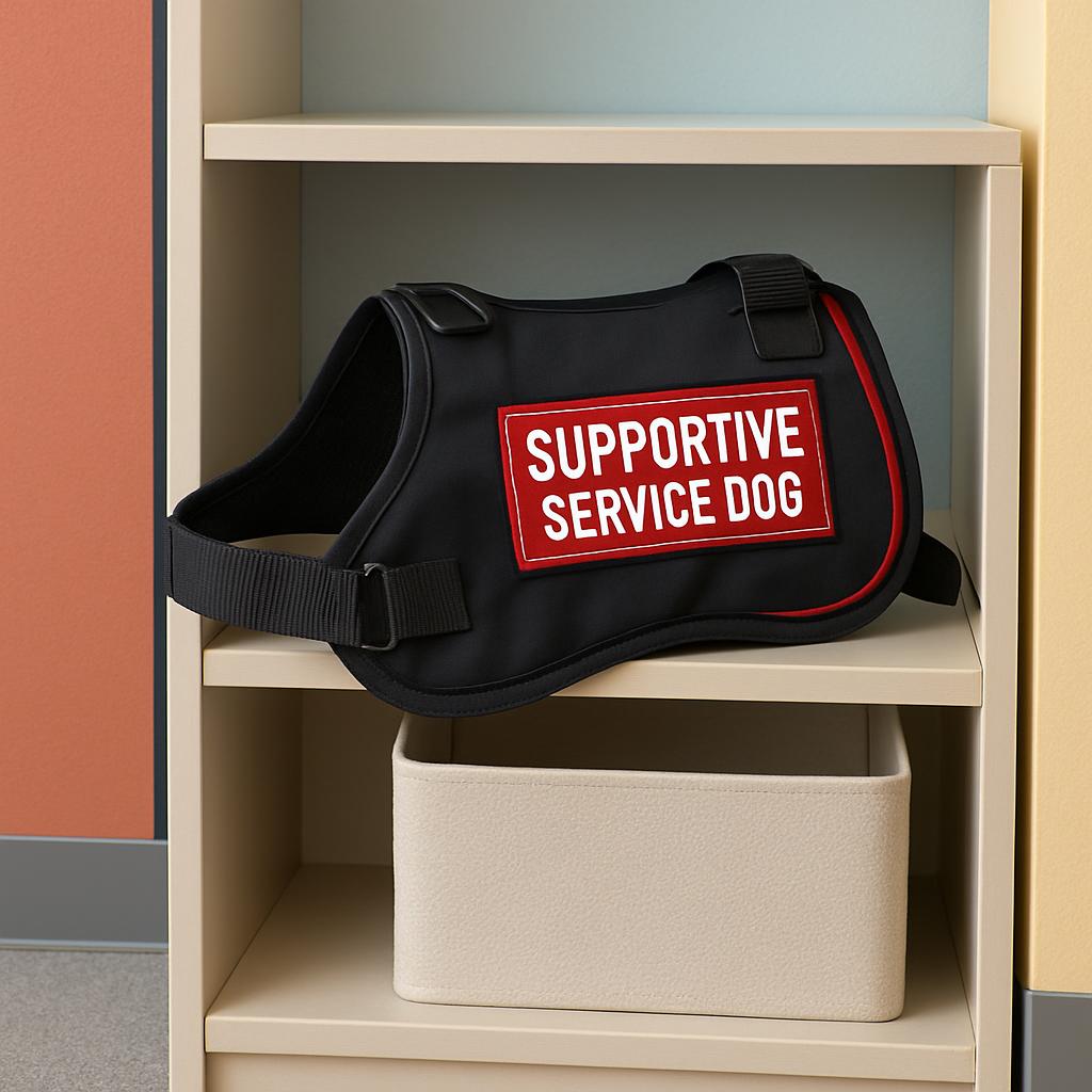 A black dog vest with red trim sits on a shelf. The vest has a rectangular patch on the front that reads "SUPPORTIVE SERVI...